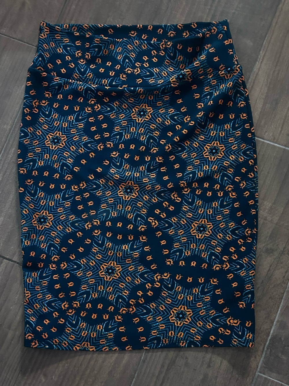 LuLaRoe Navy Blue Pencil Skirt with Orange & Teal Geometric Print